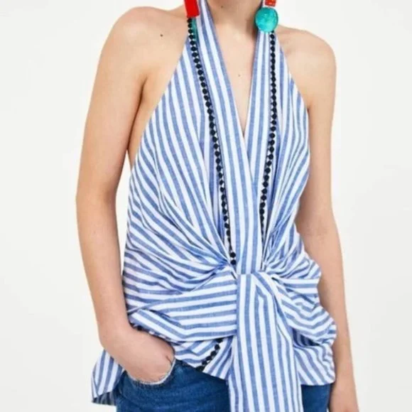 Zara Striped Tie Front Halter Top Blue & White Size Small - Picture 1 of 16